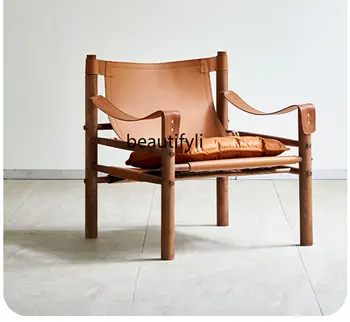 Диван в скандинавском стиле в стиле ретро, Домашняя гостиная, Одноместный стул для отдыха, Седло из массива дерева, кожаное кресло, акцентные стулья для гостиной