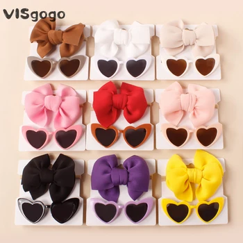 Солнцезащитные очки и повязка на голову VISgogo Kids для девочек, легкие солнцезащитные очки в виде сердечка, набор бантиков для волос, уличные аксессуары для малышей