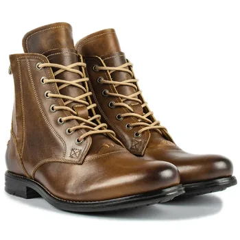 Мужские рыцарские ботинки Осенние изысканные мужские ботинки на молнии ручной работы с круглым носком на низком каблуке, модные кожаные ботинки лаконичного дизайна для отдыха