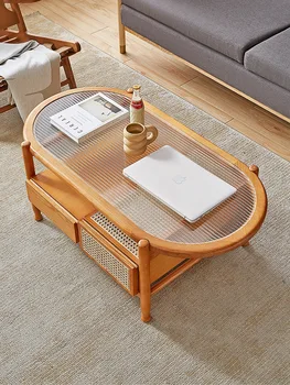 Овальный чайный столик в японском стиле, гостиная, дом, массив дерева, двухслойный стеклянный чайный столик из ротанга, маленькая квартира, чайный столик для семьи