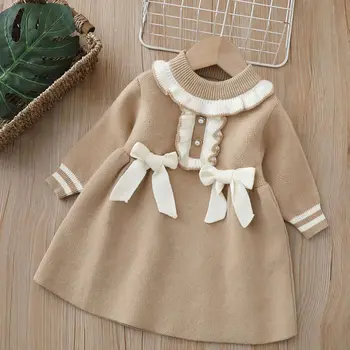 Платье-свитер для девочек Осень-зима 2023, новое вязаное платье с милым бантом