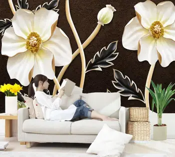 Обои на заказ Beibehang с крупным тиснением, дом с резьбой из нефрита высокой четкости и насыщенный белый цветок, фон для телевизора, стены, 3D обои