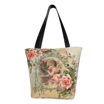 Викторианский Ангел, Винтажная сумка для покупок с розами, забавный принт, Холщовая сумка для покупок, сумки через плечо, Большая вместительная Моющаяся сумка
