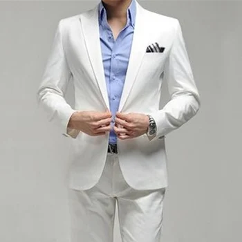 Белые деловые официальные мужские костюмы для жениха из двух частей с остроконечными лацканами, свадебные костюмы на заказ (куртка + брюки)