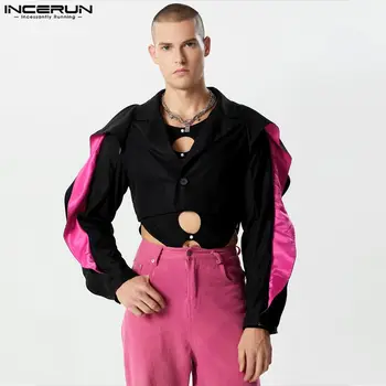 INCERUN Топы 2023, Модный мужской Полый укороченный блейзер контрастного цвета, мужской костюм свободного силуэта с длинными рукавами, пальто S-5XL