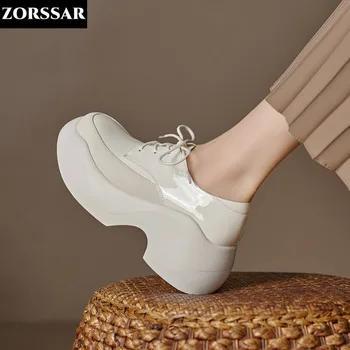 Белые туфли на платформе Женские Оксфорды Повседневная обувь на платформе на высоком каблуке Кожаные туфли на шнуровке с круглым носком Zapatos Mujer