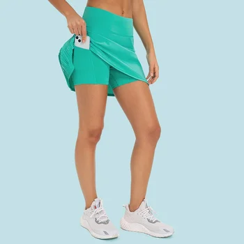 Однотонная женская теннисная юбка Короткая для фитнеса Йоги Короткая Быстросохнущая Велосипедная Комплексная тренировка для пробежек Плиссированная юбка с карманами