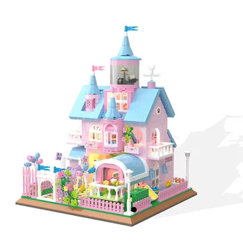 Креативный мини-блок с видом на улицу для девочек, Розовый замок, Вилла мечты, Сборка модели здания, коллекция игрушек из кирпича для подарков