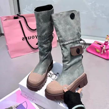 Корейская версия сапог до колена для девочек, джинсовые рабочие ботинки на толстой подошве с промытой раковиной, модные тонкие рыцарские сапоги tide