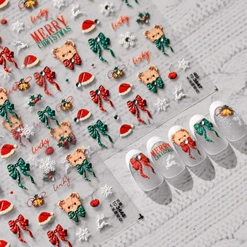 Рождественская Шляпа Медведь Бантом Стразы Кролик Лось Снежинки 5D Рельефное Тиснение Самоклеящаяся Наклейка Для Дизайна Ногтей 3D Наклейки Для Маникюра