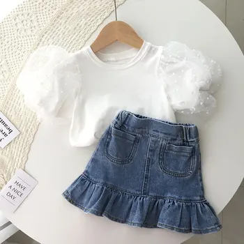 Детский костюм для летних девочек, белая футболка с короткими рукавами и пышными рукавами + джинсовая юбка, комплект из двух предметов, детская одежда для девочек