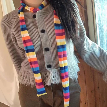 Корейский повседневный тонкий шарф, модный плюшевый шарф в длинную полоску, женский шарф из искусственного меха Норки Y2K для девочек, теплый