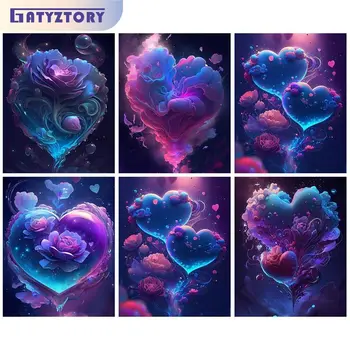 GATYZTORY Акриловая роспись по номерам На холсте, раскраска с изображением фиолетового цветка в виде сердца, домашнее искусство, поделки, подарок ручной работы