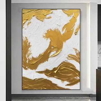 Оригинальная большая минималистичная золотая картина маслом на холсте, современная текстурная роспись золотой фольгой для домашнего декора стен гостиной