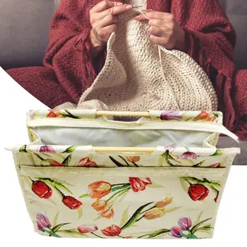 Сумка для хранения пряжи с цветочным принтом, складная сумка для вязания, набор для шитья с деревянной ручкой, сумка на молнии, сумка для пряжи, Органайзер для швейных инструментов