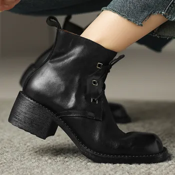 Женские осенние ботильоны на шнуровке из натуральной кожи с квадратным носком, повседневные женские короткие ботильоны на низком каблуке в стиле панк, высококачественная женская обувь