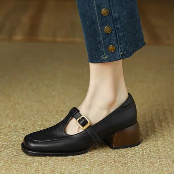 Женские туфли на среднем каблуке с Т-образной пряжкой, весенние женские туфли-лодочки в римском стиле, осенние женские туфли на массивном каблуке в стиле ретро