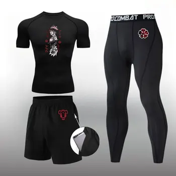Мужские компрессионные рубашки для бега, спортивный костюм для тренировок, спортивная одежда для фитнеса, аниме, Черный клевер, Спортивный зал, Обтягивающие спортивные штаны, Защита от сыпи