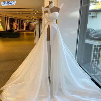 Элегантные свадебные платья с высоким воротом, блестки, жемчуг, платье трапециевидной формы для невесты, Изящное платье для невесты длиной до пола, Robe De Mariée