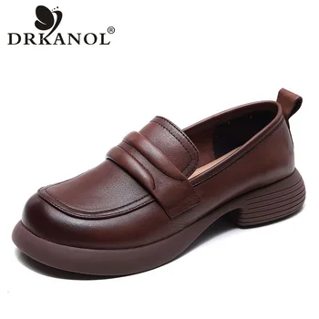 DRKANOL/ Лоферы из натуральной кожи, женские слипоны на толстом каблуке, Комфортная универсальная обувь ручной работы в британском стиле с мягкой подошвой, универсальная ленивая обувь