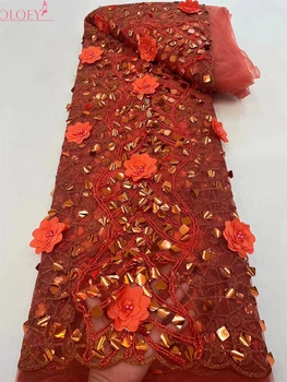Высококачественная модная африканская тюлевая кружевная ткань с вышивкой в виде 3D цветов и пайеток для пошива свадебных платьев