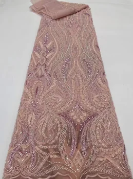 Винная кружевная ткань Нигерийская расшитая бисером Роскошная ткань с блестками Африканская кружевная ткань для свадебной вечеринки Свадебные кружевные ткани 2023 5 ярдов