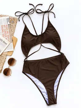 Сексуальный цельный купальник Монокини с коричневым бандажным вырезом и высокой талией, купальник на завязках, Летняя пляжная одежда для плавания, женское бикини