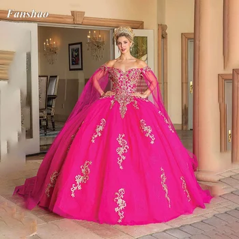 Fanshao pd156 Пышное платье-накидка с аппликацией, бальное платье с открытыми плечами, корсет, фатиновый шлейф, милое платье 16 Vestidos De 15 Año