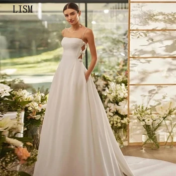 LISM Элегантные свадебные платья трапециевидной формы на тонких бретельках с изящным бантом, свадебное платье длиной до пола, длинные платья невесты 2024 года на заказ