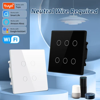 Tuya WiFi Smart Switch Сенсорный Датчик Требуется Нейтральный Провод Smart Life APP 4/6 Gang Switch Сенсорная Панель С Alexa Google Home