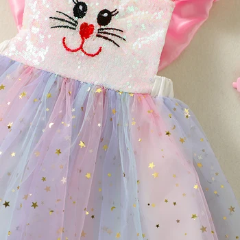 Пасхальные наряды для маленьких девочек, платье-пачка с кроликом и радугой, платье принцессы без рукавов с открытой спиной и блестками, летняя одежда
