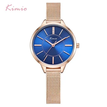 Женские кварцевые часы KIMIO с синим кристаллом, женские простые сетчатые часы из нержавеющей стали, платье-браслет, наручные часы